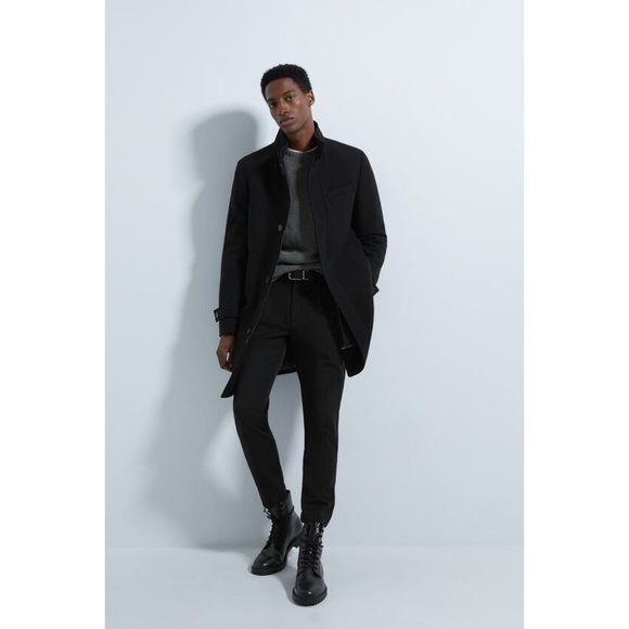 NWT Mens Size Medium ZARA Black Wool Blend Full Zip Pea Coat - Picture 5 of 5